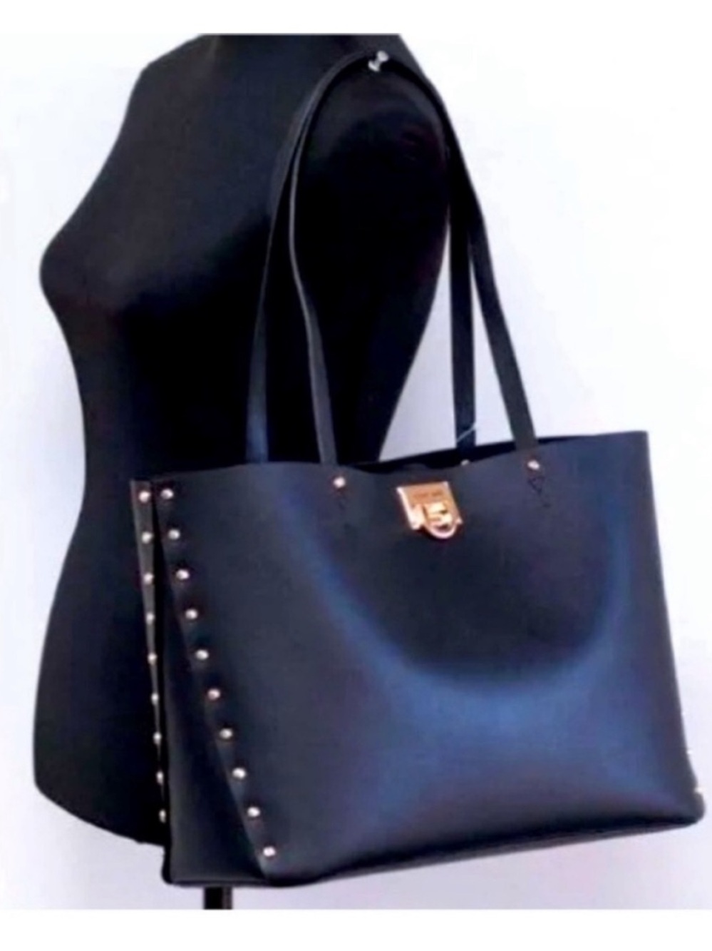 Michael Kors NEW Manhattan Tote Shoulder Bag Leather Black Gold Studs Large